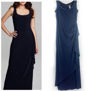 Alex Evenings Navy Blue Rhinestone Trim Maxi Gown Dress